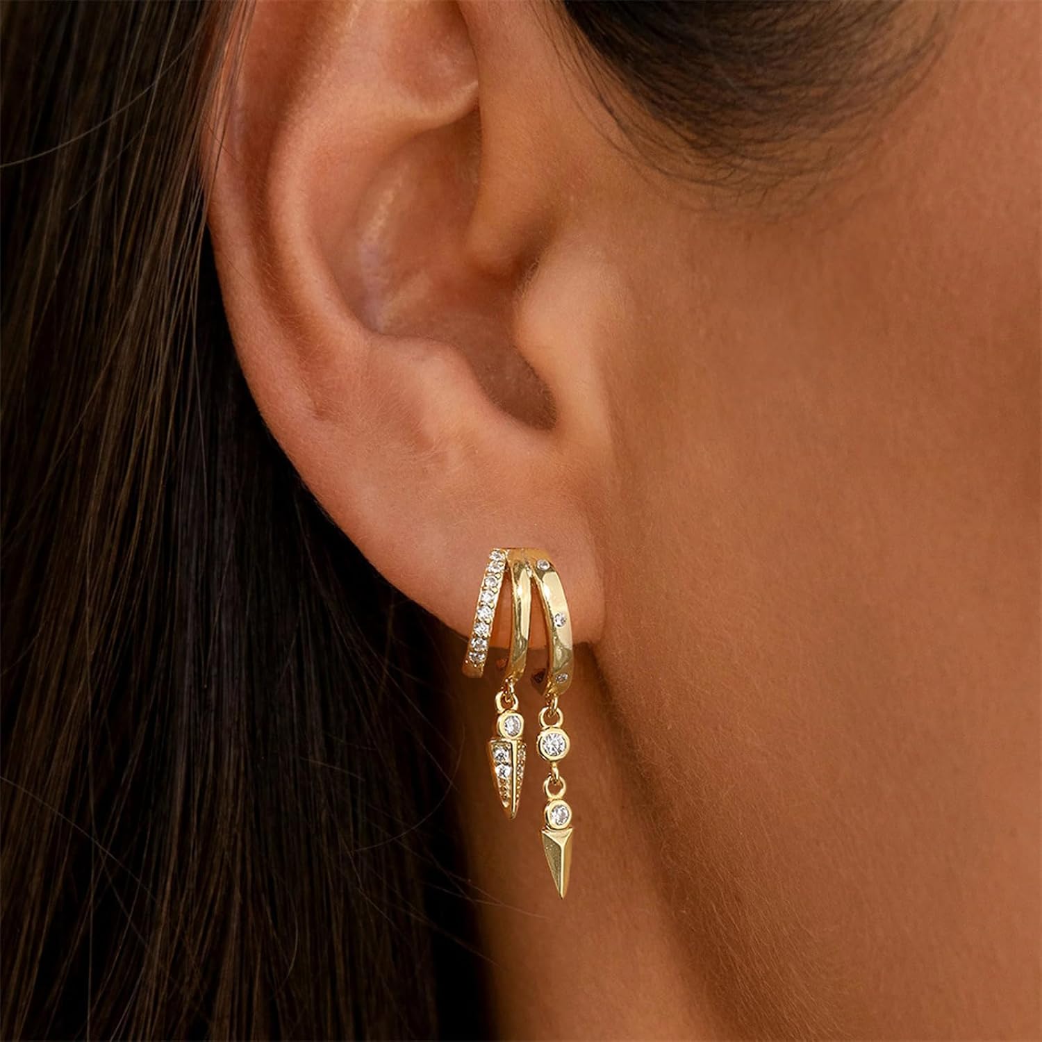 Image of 1 Pair Dangle Earrings For Women, Triple Huggie Stud Earrings Cute Statement Chain Earrings Dainty Drop Earrings For Women Trendy Golden Jewelry