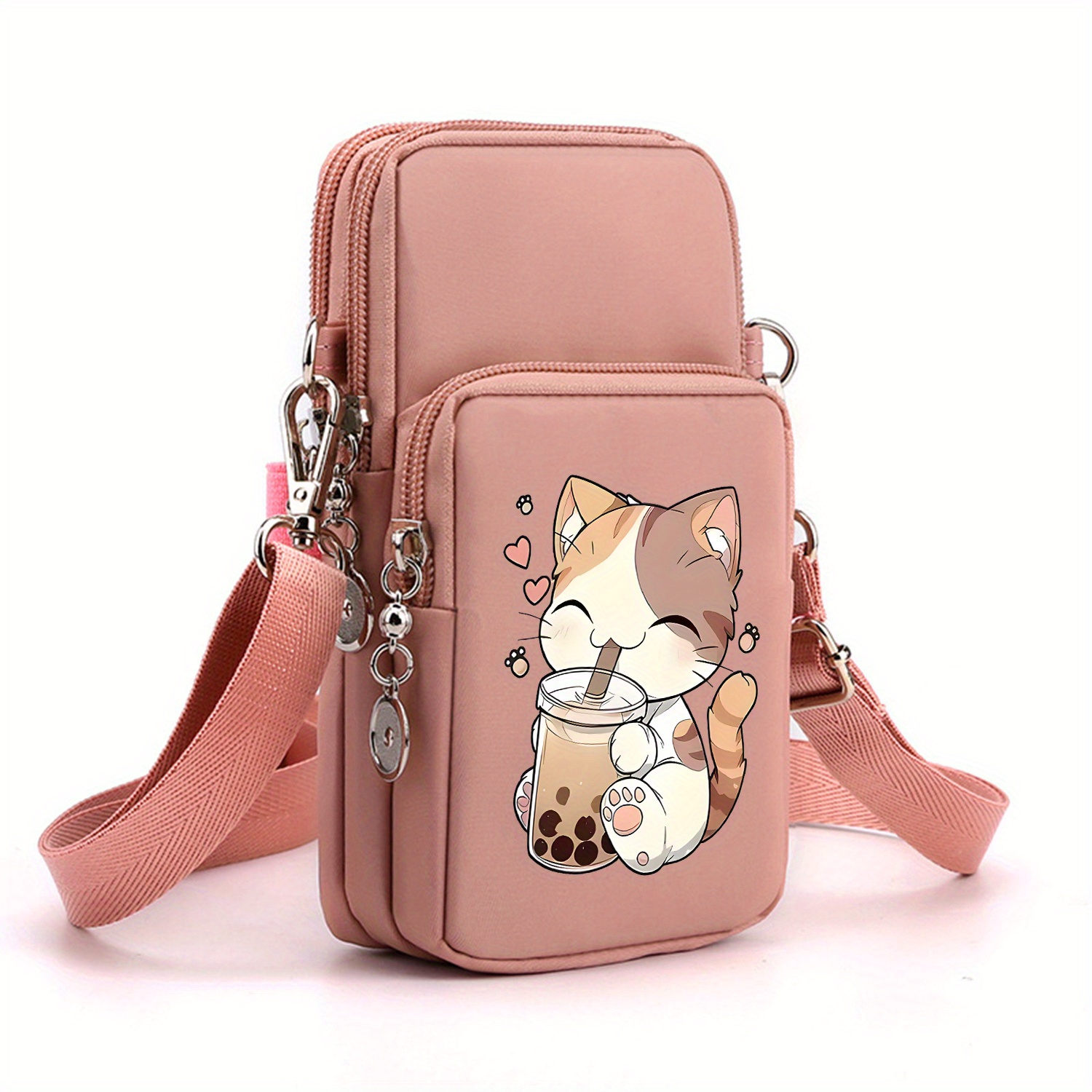 TEMU Cute Cat Print Crossbody Bag With Adjustable Strap & Multi-pocket - Kawaii Style Small Purse, Golden-tone Hardware, Coin Pocket & Headphone Port