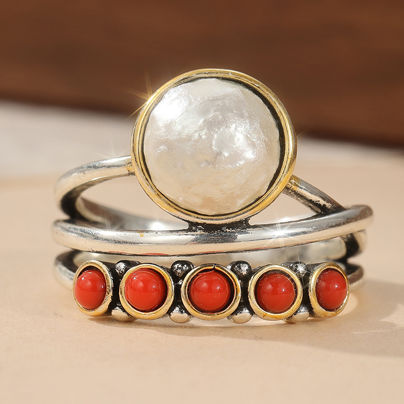 Vintage Red & White Round Bead Copper Ring, Elegant Multi Circle Design