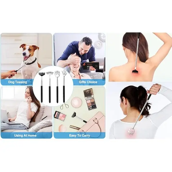 4pcs extendable back scratcher & massager tool with telescoping metal shaft - heavy-duty back scratcher with non-slip grip, portable back massager for adults, s, men, women - ideal stocking stuffers, birthday, christmas gifts (black) - space-saving design for home, travel, office use, accessory, ergonomic grip, durable construction, essential, with rubber handles Product details 1
