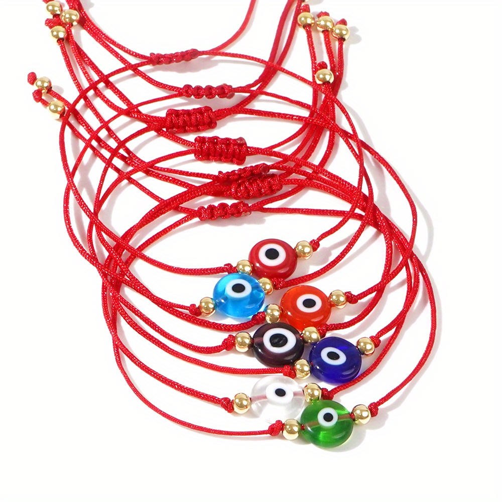 Image of 7pcs Women's Bracelet Set, Bohemian Style 10mm Glazed Eye Good Luck Red String Bracelet Set, Stackable, Suitable For Women's Casual Vacation Outfits