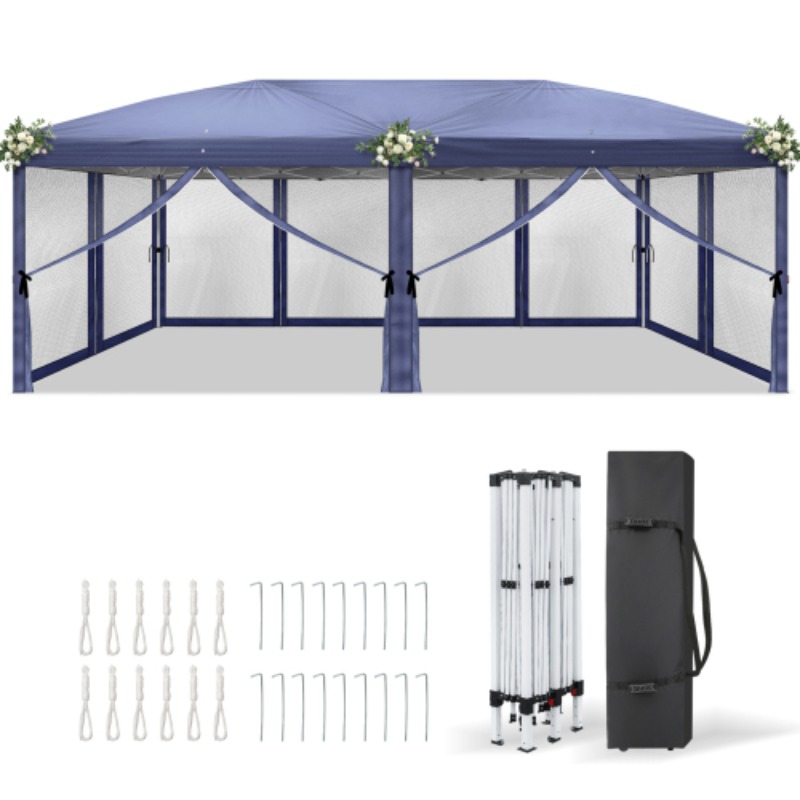 Image of 10x20ft Blue Six-sided Mesh Tent (6 Doors) Folding Canopy With 28/22mm Legs And 10x20mm Crossbars (including Middle Plastic Parts) With White Spray-coated Pipes And Carrying Bag