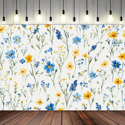 1pc floral poppy daisy backdrop yellow white flowers on green stems durable polyester fabric 3 sizes 39x59 51 18x59 70 8x90 5in for indoor outdoor parties photo booths birthdays spring summer events party decoration design smooth texture flower decorations