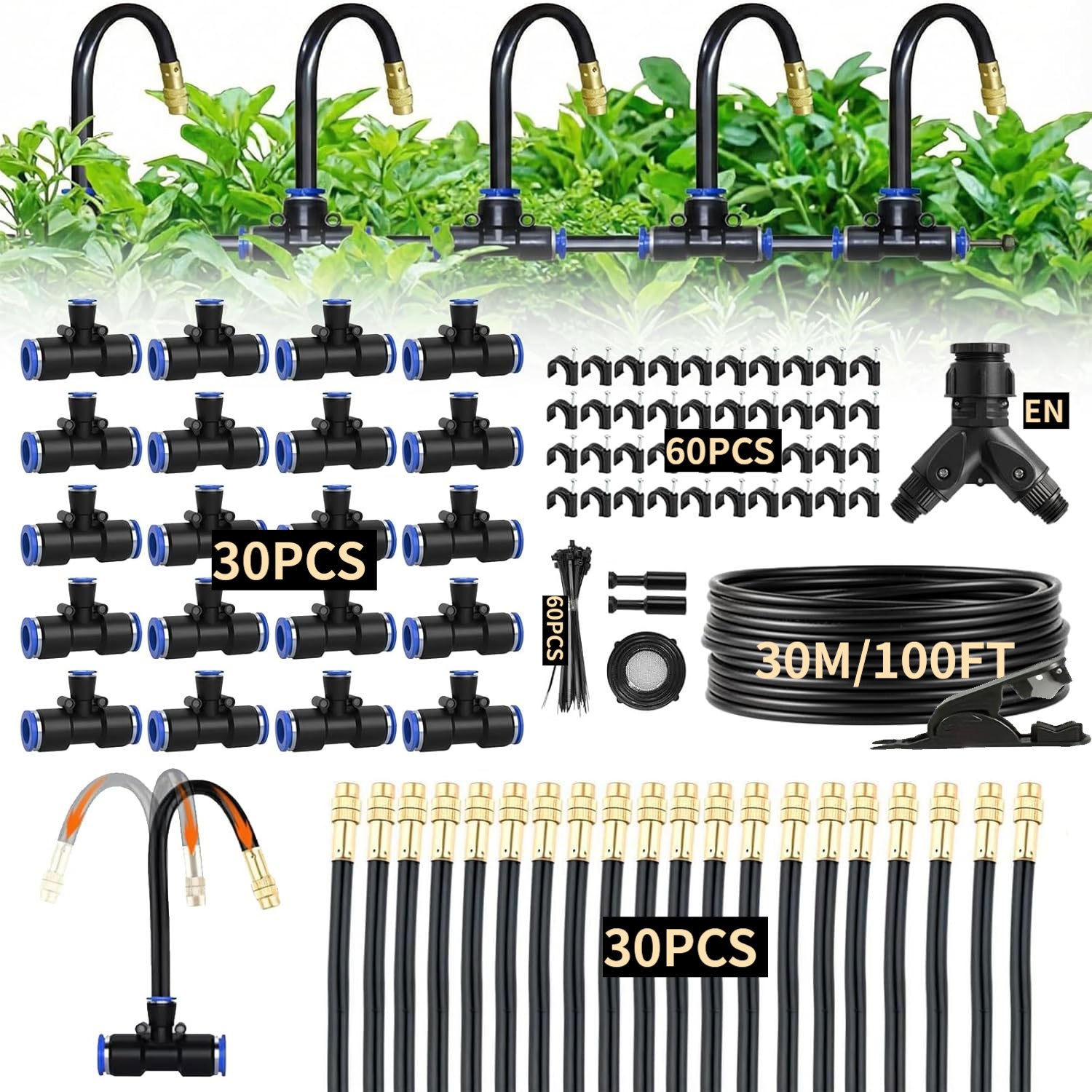 E-shop 100ft 1/4-Zoll Tropfbewässerungs-Set mit 30 verstellbaren Kupferdüsen, automatisches Zerstäubungs-Bewässerungssprinklersystem für Garten,
