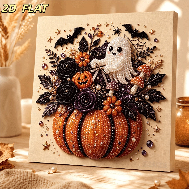 TEMU Nouvelle œuvre d'art 2DFLAT sur toile strass cadre à broder soi-même, motif de perles peintes de citrouille d'Halloween, 25x25cm, article d'art