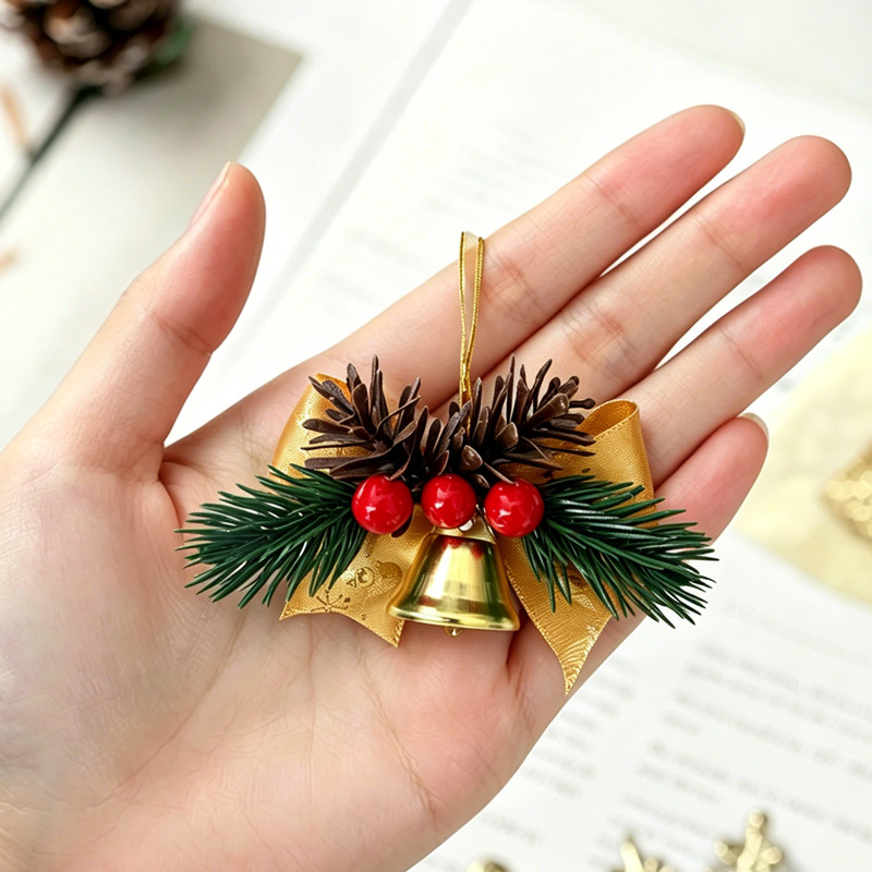 TEMU 6pcs Christmas Bow Bells, With Simulated Pine Cones, Simulated Pine Needles, And , Suitable For Christmas Wreaths, Gift Box Packaging, Holiday