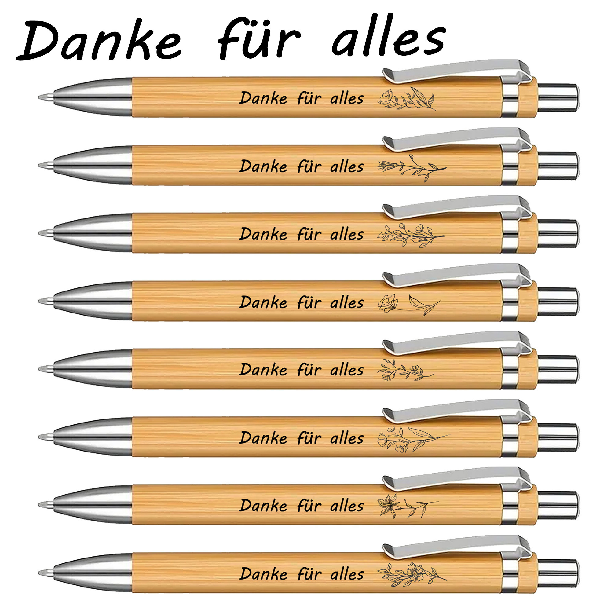 Image of 8pcs German Thank You Bamboo Ballpoint Pens - Employee Appreciation Gift With "danke Für Alles!" Print, Black Ink, Ideal For Employees, Volunteers, Nurses, Teachers, Christmas Gift