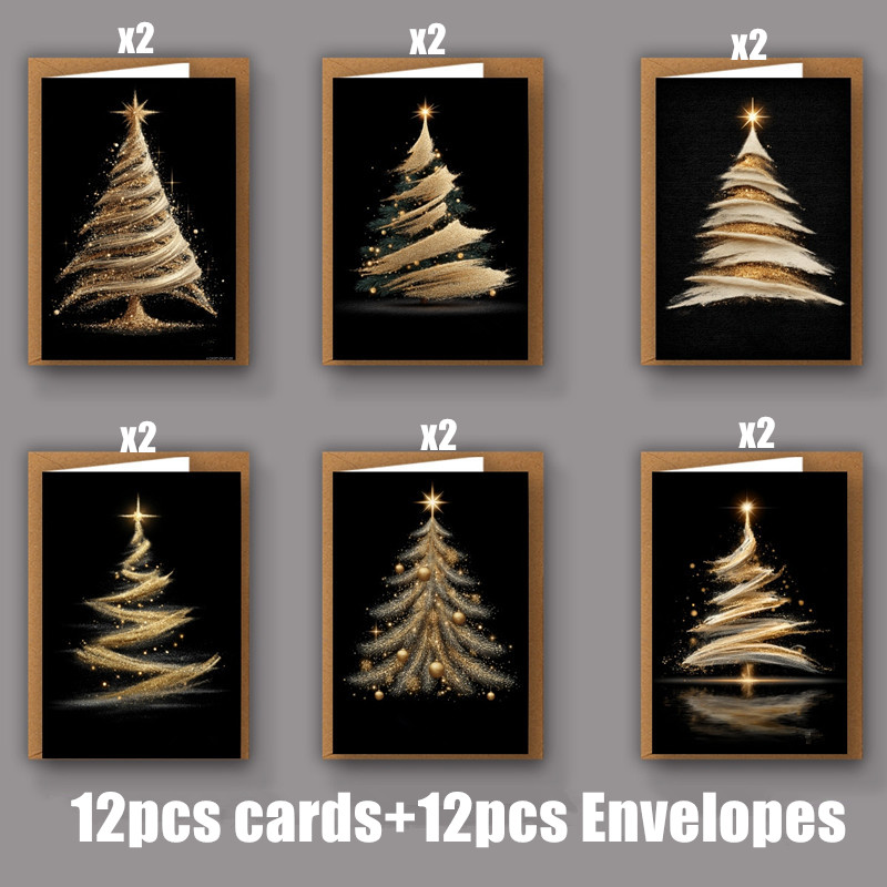 TEMU 24pcs Suxury Black& Golden Shiny Tree Card(12pcs) With Envelope(12pcs), Holiday Cards For New Year's, Christmas, Valentine's Day, Occasions,
