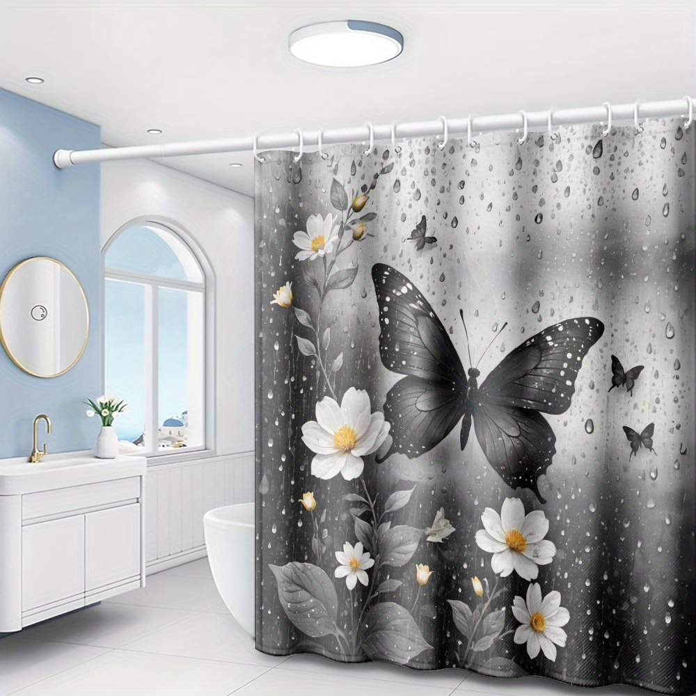 TEMU 1pc Of Black And White Flower Rain Scene Printed Shower Curtain, Minimalist Artistic Style Bathroom Home Decor With Plastic Hooks, Suitable For