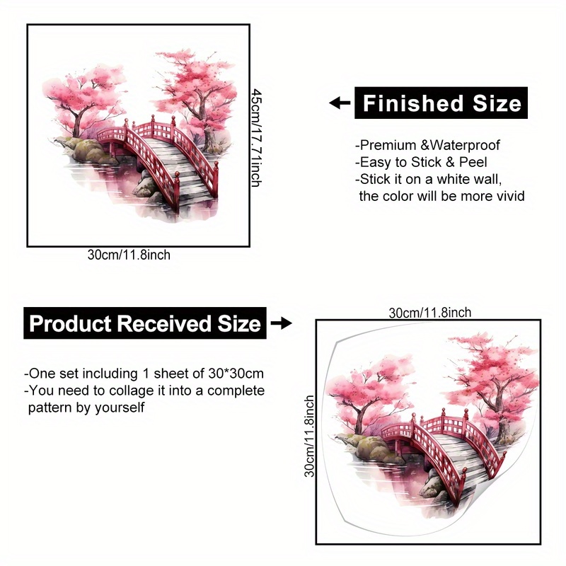 Image of Cherry Bridge Wall Sticker - Self-adhesive, Pink Blooming Tree & Wooden Bridge Landscape Design, Home Decor Wall Stickers For Living Room, Bedroom, Door, Refrigerator, Window