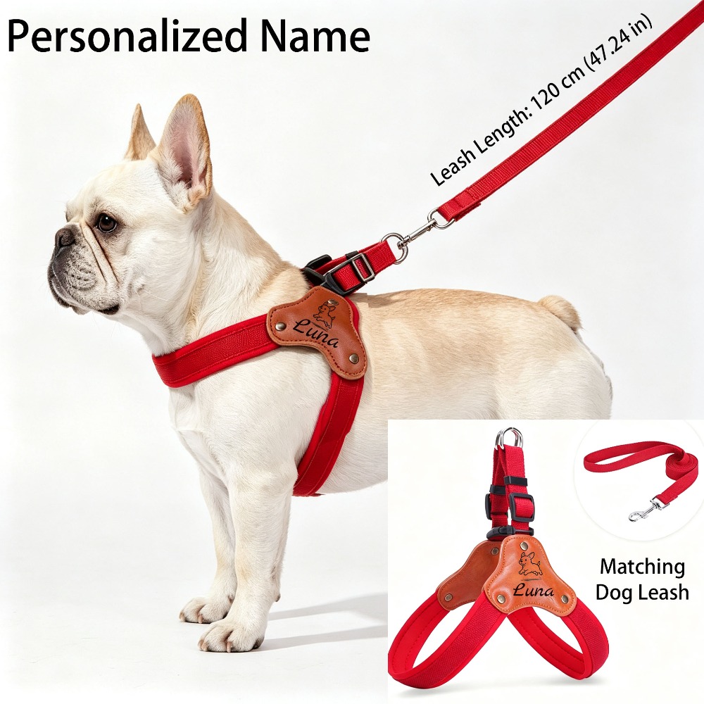 TEMU Personalized Dog Harness & Leash System - Escape-proof Secure Harness Suitable For Small To Medium Dogs, Name/text, For French Bulldogs,