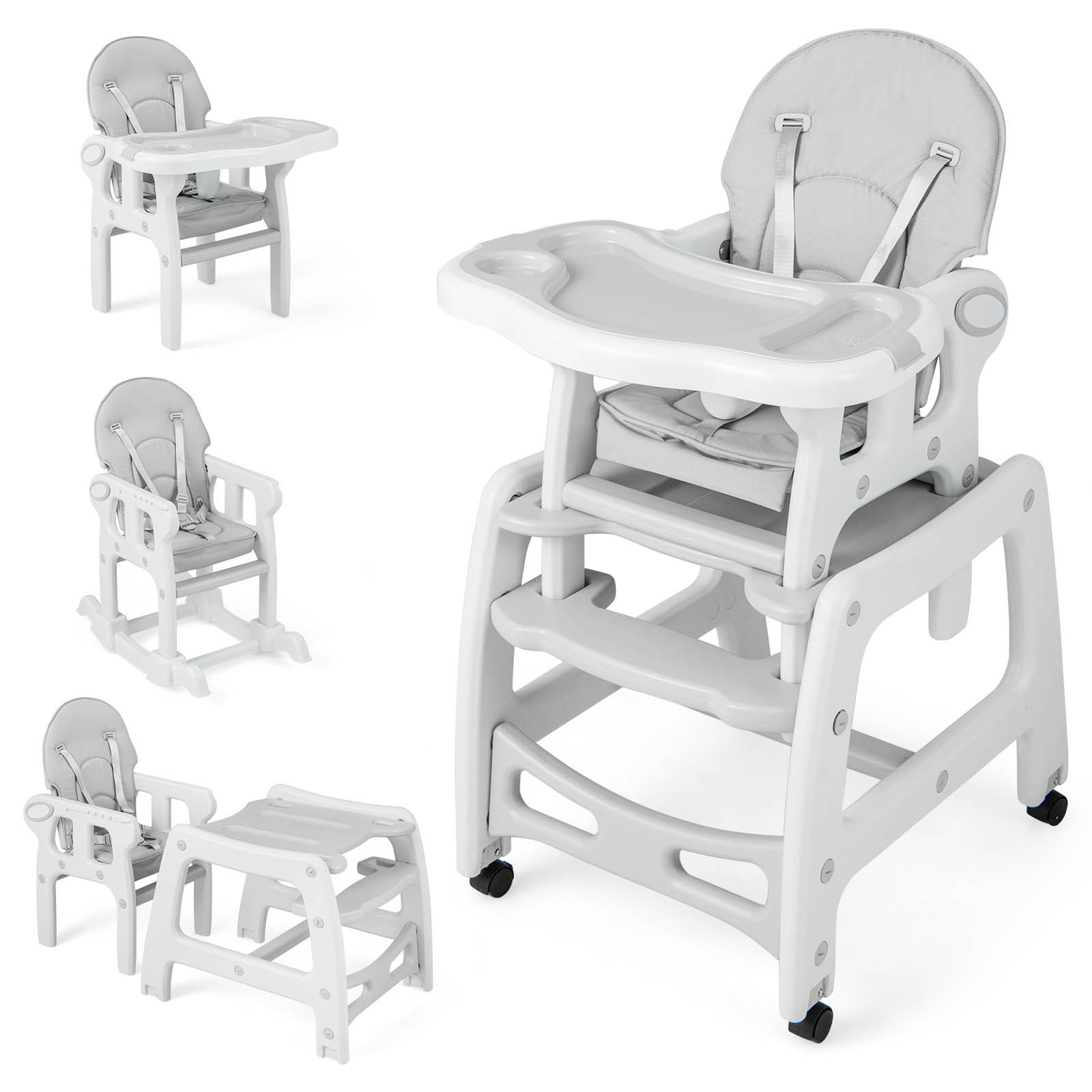 LIFEZEAL 3-in-1 Convertible Feeding Rocking Chair High Chair Table Set, Heavy-Duty 300lb Capacity with Booster Seat & Removable Tray, Adjustable Height, 5-Point Harness, Foldable Design, 360° Swivel, Safety Lock & Non-Slip Base, BPA-Free - Image 3