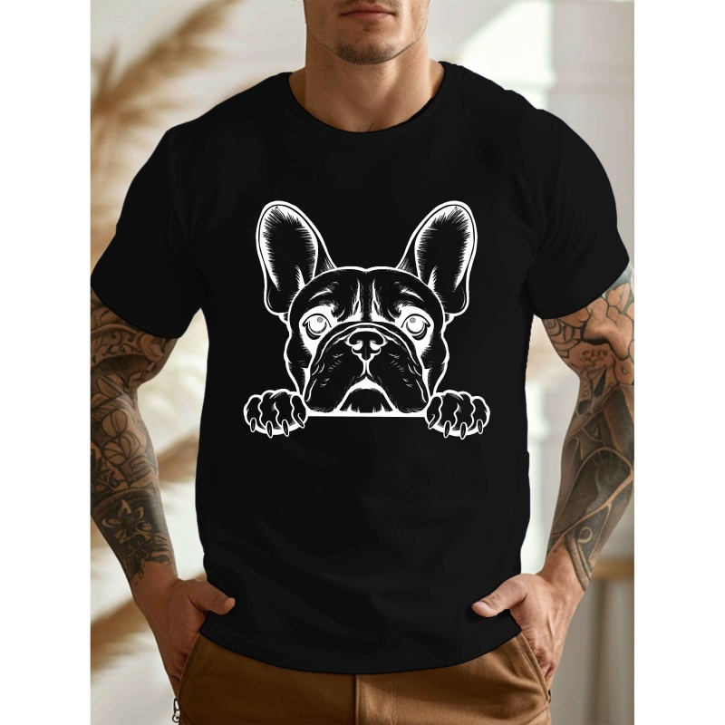 

Men's Casual Crew Neck T-shirt With Geometric French Bulldog Print, 100% Polyester Knit Fabric, Stretch, Regular Fit, Lightweight Summer Top - 150gsm