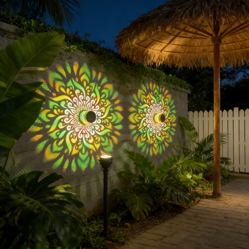 E-shop 2/4 Stück Solar Zaunleuchten Außen Projektionswandleuchten, Bunte Mandala- Solarleuchten, Ideal für Garten, Terrasse Treppenbeleuchtung, Hof,