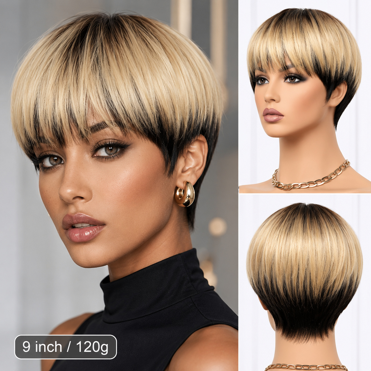 Short, Gradient Blonde-black Bob Wig, 10 Inches, Gradient Platinum-silvery Synthetic Hair, With Side Bangs, Stylish Lace-free, Glue-free Wig, Suitable For Easter Holidays And Spring Parties.