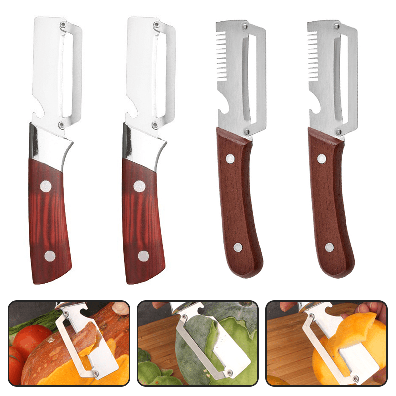 TEMU 4pcs Multifunctional Stainless Steel Peeler, Wooden Handle Peeling Knife For Sugarcane, Pineapple, Potato, Household Kitchen Fruit & Vegetable
