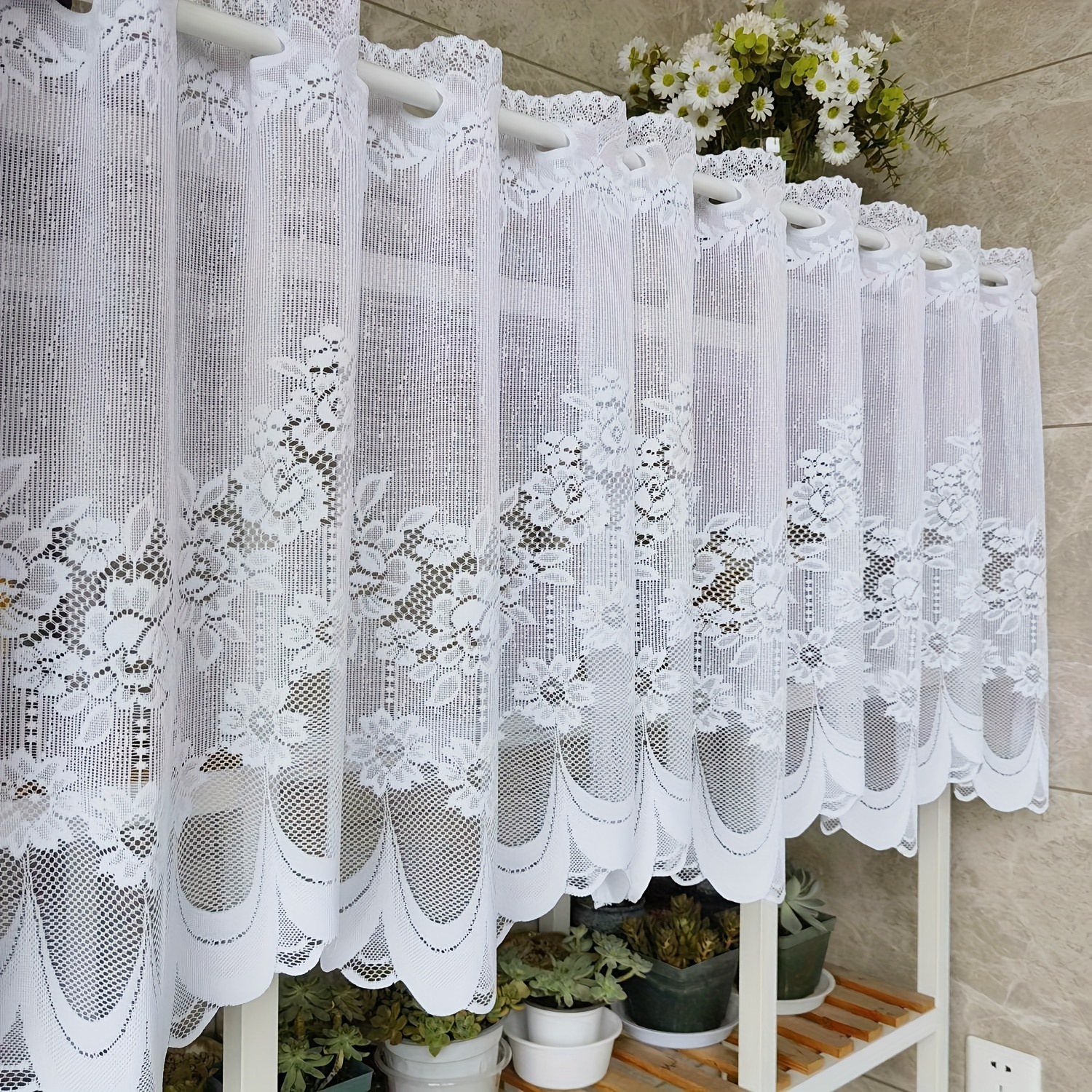 E-shop Weißer Spitzen Halbtransparenter Vorhang - Blumenmuster mit Wellenrand, Stangenloch-Stil Vorhang, Geeignet für Küche und Esszimmer,