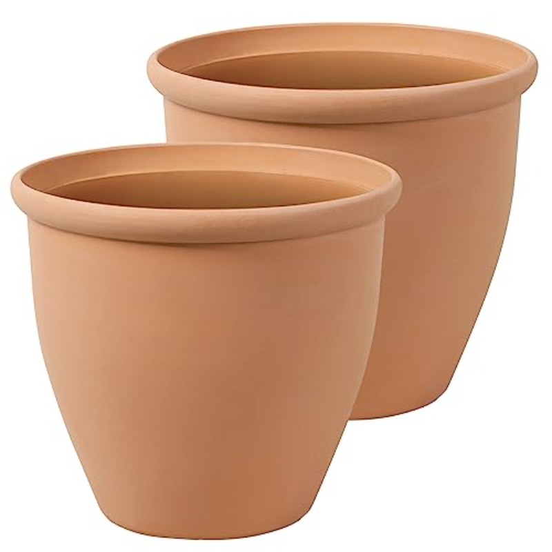 2 pack large 15 inch round terracotta plastic planters lightweight vintage style indoor outdoor flower pots with sturdy base durable easy   for porch patio yard deck rustic brown decorative garden containers for plants herbs