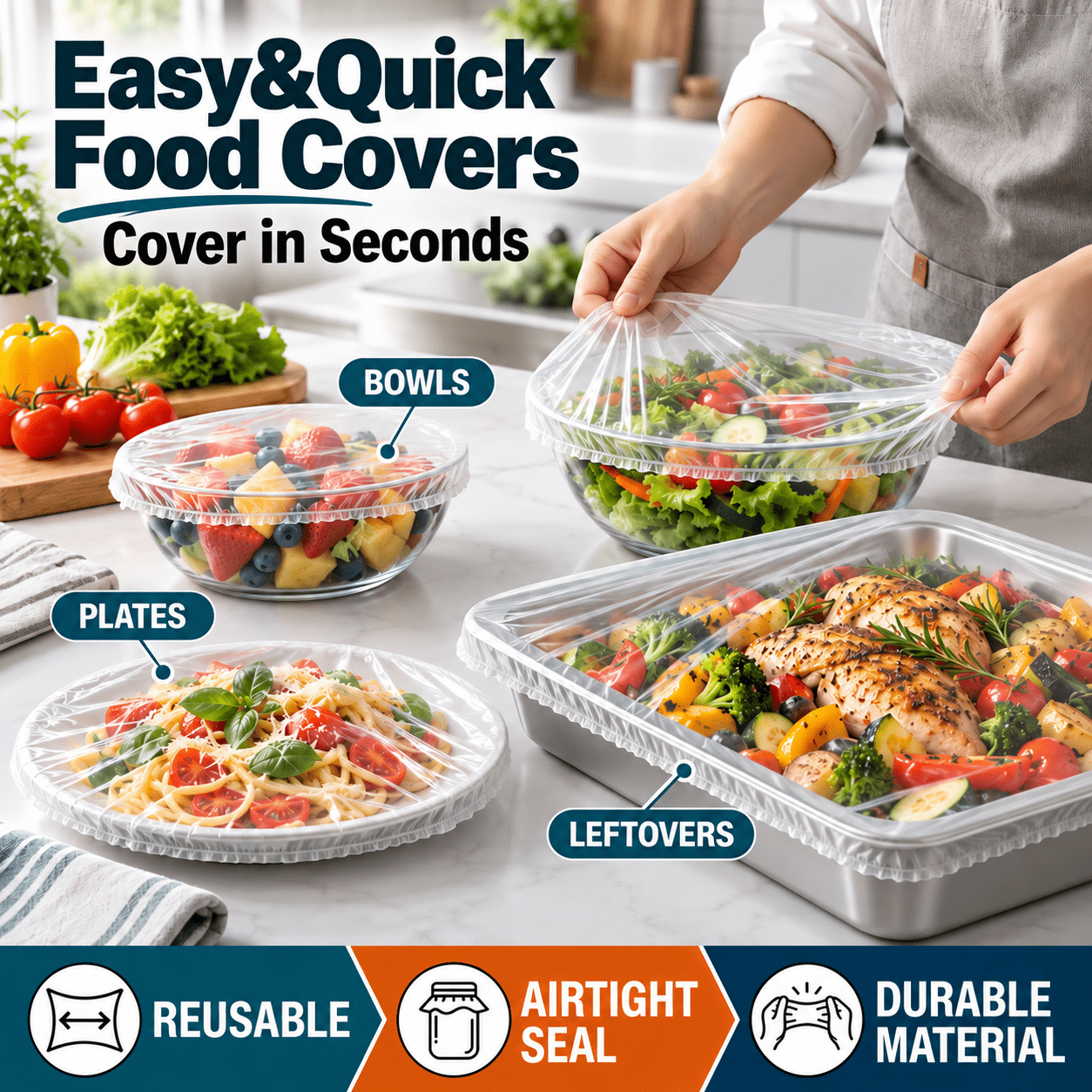 TEMU 130pcs Ensembles de Couvercles Alimentaires Élastiques, et Couvercles de Plats en Plastique Jetables - Taille 45Cm/17.72 Pouces - Couvercles
