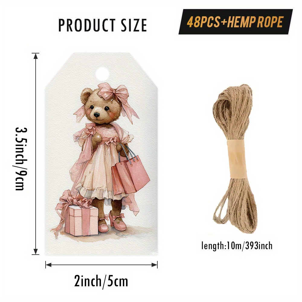 TEMU 48/96pcs Gift Tags With Hemp Rope, Featuring A Bear In A Pink Outfit With Shopping Bags, In A Fashionable And Style. Good For Shopping - Related