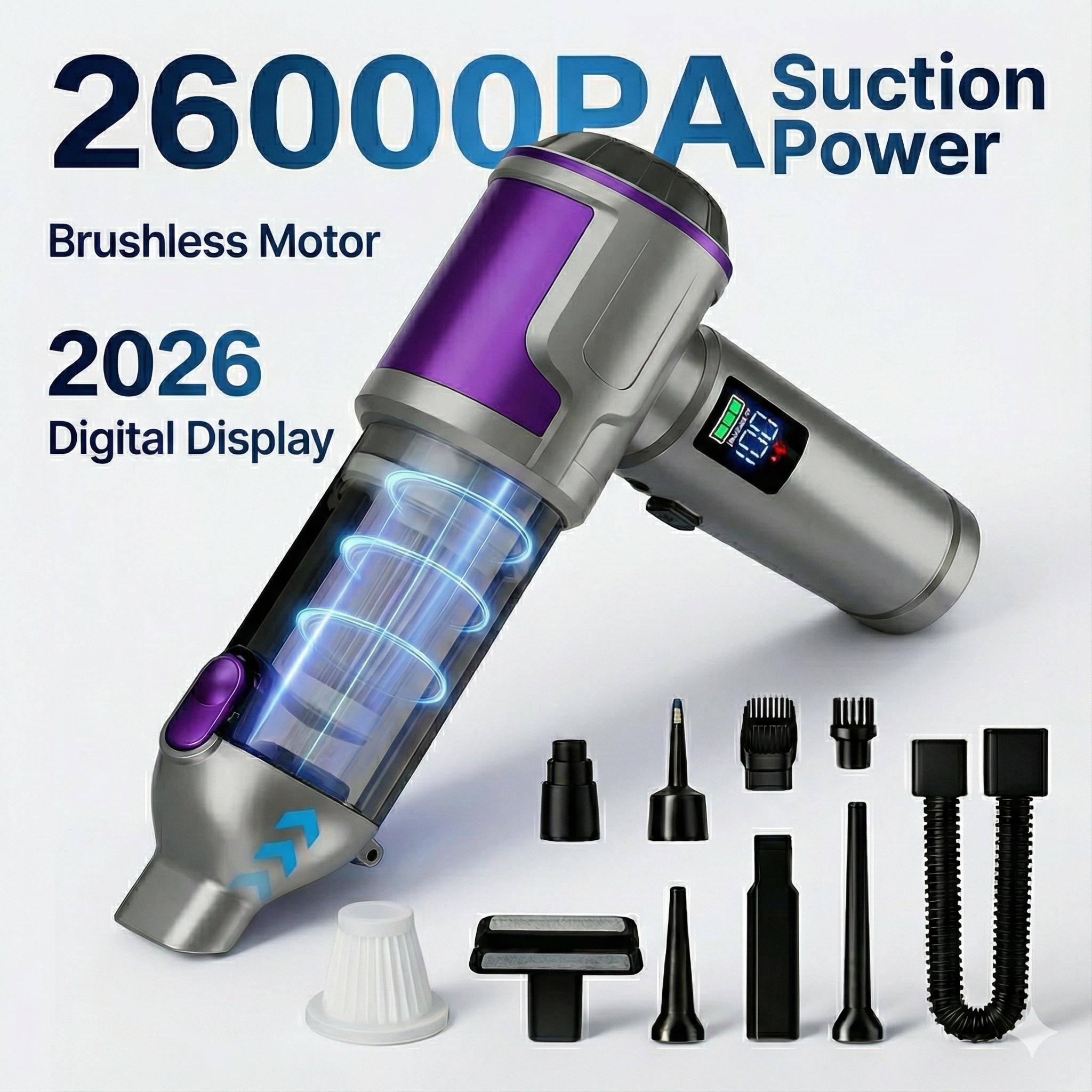 TEMU Aspirateur de voiture balais CENRR 2026 26000PA, souffleur et dépoussiéreur à air comprimé fil, aspirateur à main haute puissance 100W avec kit