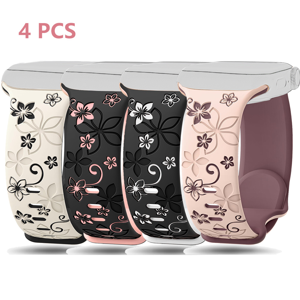 

4pcs Floral Engraved Silicone Bands For Apple Watch - Waterproof, Straps Compatible With 38mm To 49mm Models, Cute For Women - Fits Series Se/10/9/8/7/6/5/4/3/ultra/2/1