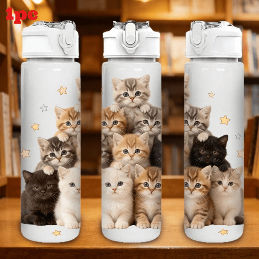 TEMU Bouteille d' 1 pièce empilable 750 ml/26 oz en plastique blanc à imprimé chat, motif imprimé , étanche avec couvercle escamotable, convient pour
