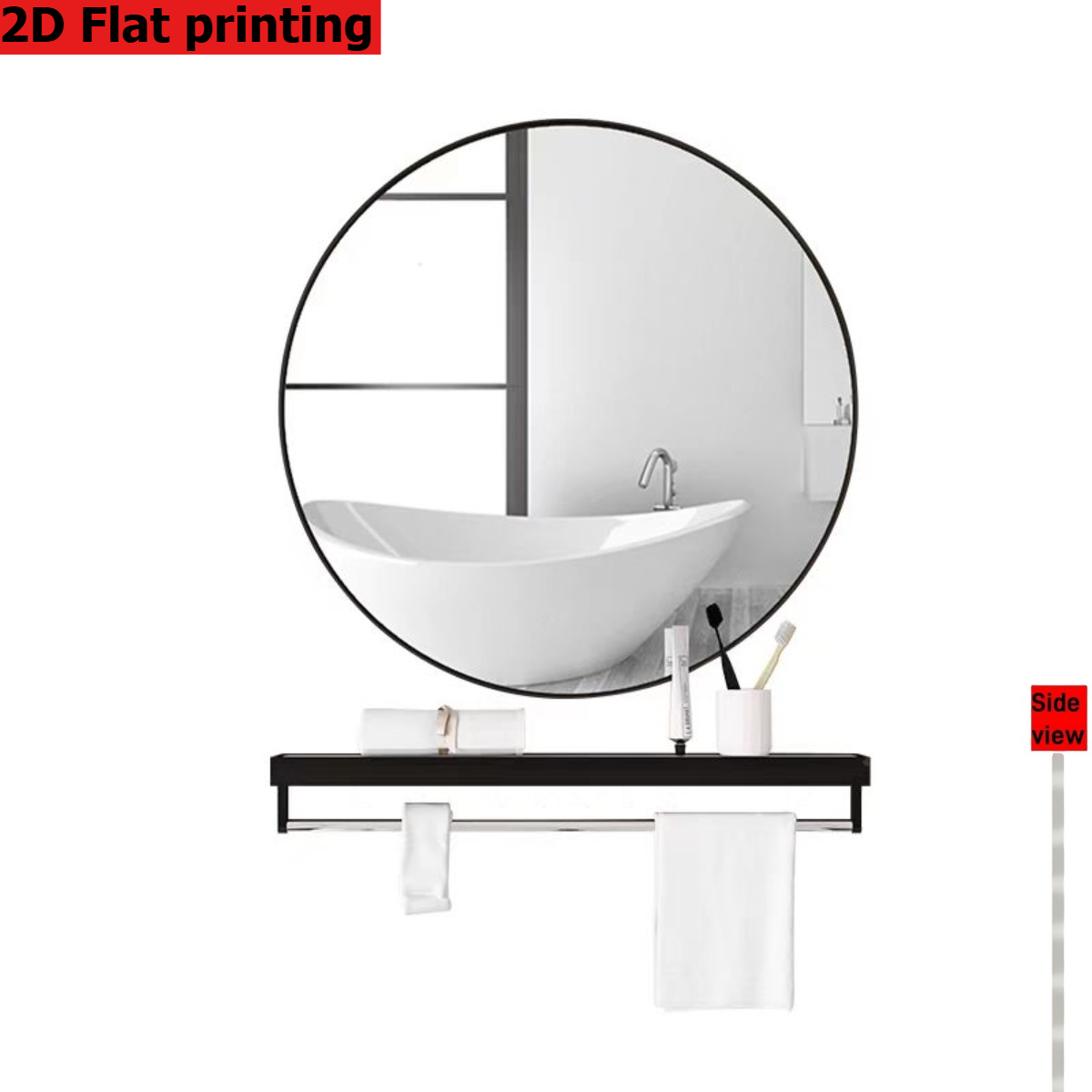 Espejo de tocador moderno minimalista para pared, 40.01 cm, impresión plana 2D, marco negro, plástico ligero, anti-rotura, fácil de instalar, no requiere perforación, acrílico transparente, tema de dibujos animados, ideal para baño, decoración del hogar