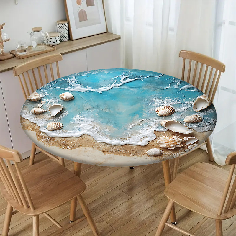 TEMU 1pc Stretch Table Cover With Elastic Band Edge, Round Tablecloth, Table, Wave And Shell Printed Pattern, Fresh And Stylish, Making As Beautiful
