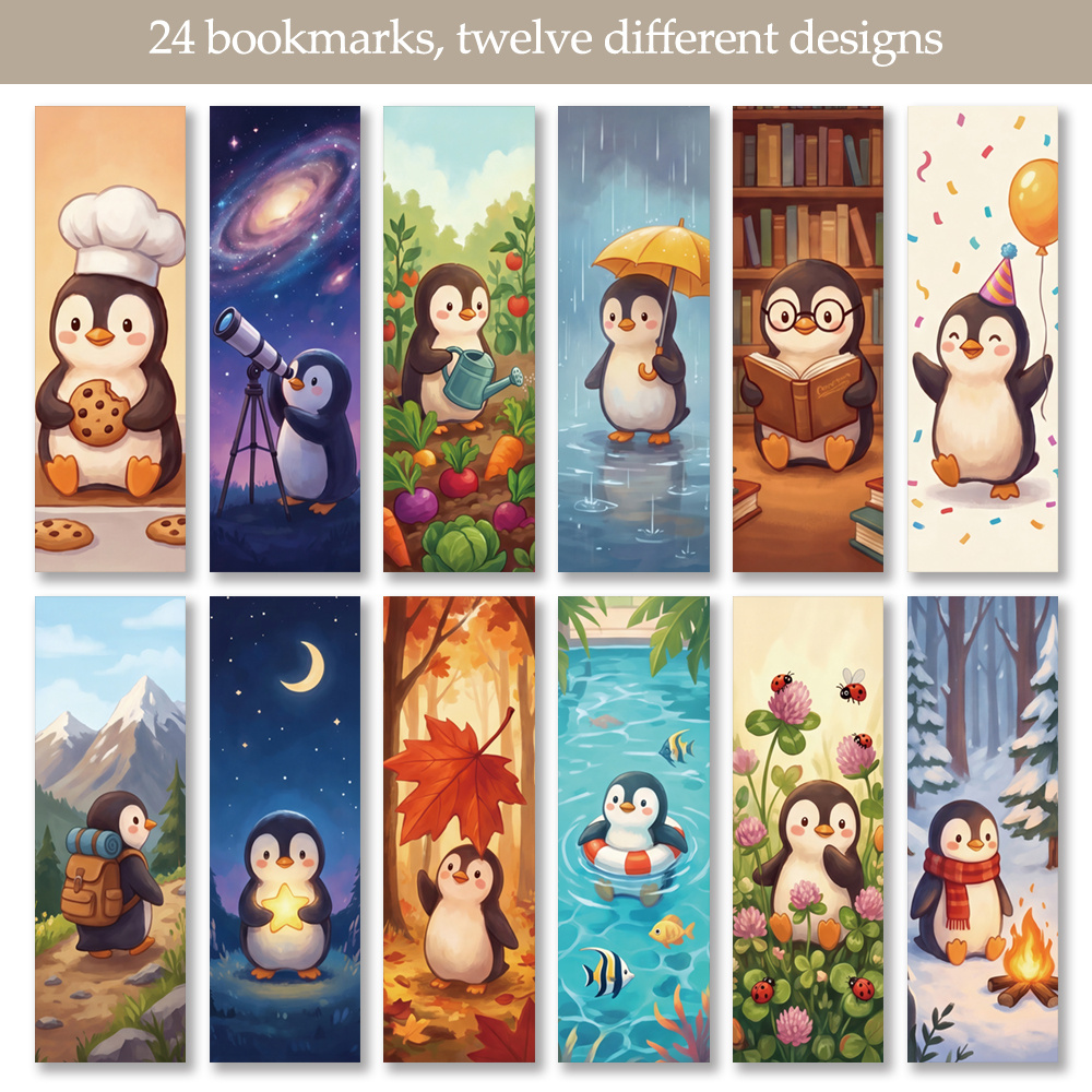 TEMU 24pcs Cute Penguin Bookmarks Suitable For & Stationery Collectors - Adorable Penguin-shaped Page Markers With Penguin Designs, Bookmarks For