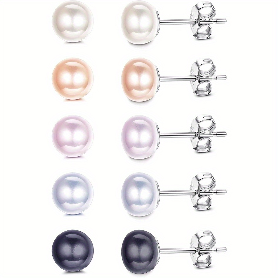 Image of Milacolato 5 Pairs Pearl Stud Earrings For Women | Genuine Freshwater Cultured Pearl Earrings Set 18k Golden Plated Sterling Silvery Stud Earrings | Wedding Bridal Earrings