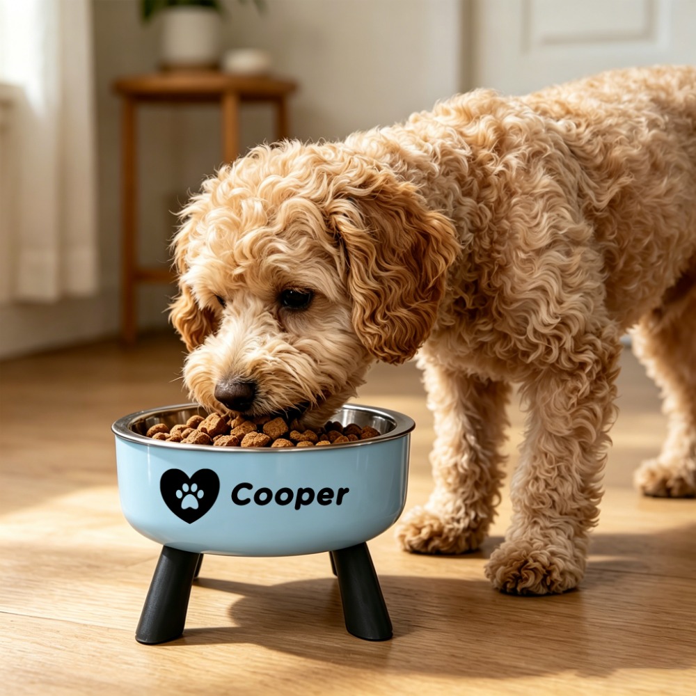 TEMU Custom Neck-support Elevated Pet Bowl, Anti-slip And Anti-tip Household Pet Feeding Dish, Suitable For Small Dogs, Stainless Steel Cat And Dog