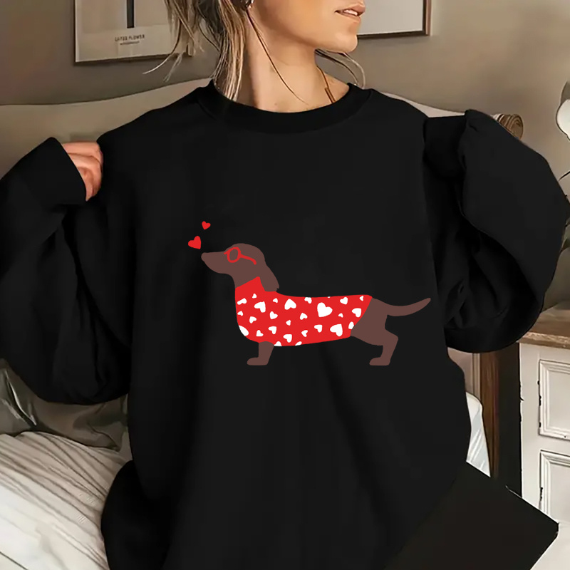 

Cozy Plus Size Women's Sweatshirt With Cute Dachshund & Heart Print - Casual Long Sleeve, Round Neck Pullover For Fall/winter