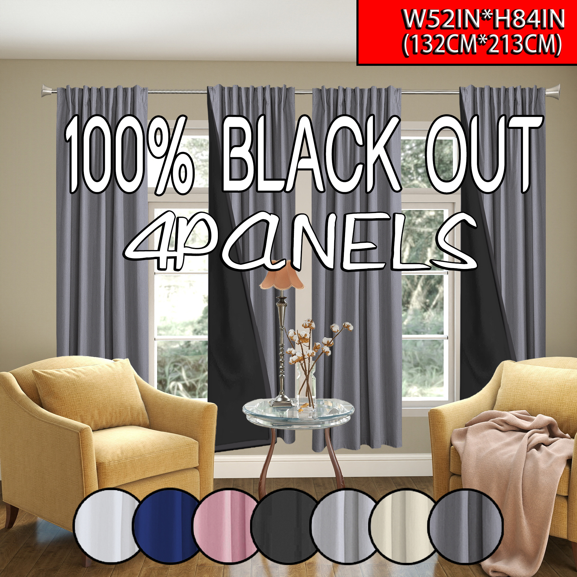 TEMU Lot de 4 rideaux occultants 100% isolants thermiques noirs, avec doublure, réduisant le bruit, faciles à installer avec une tringle supérieure,