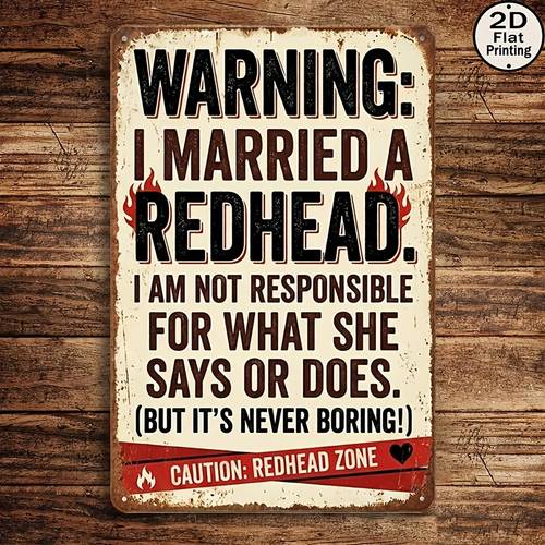 2d-flach, . lustiges „warnschild ‚heirate eine rothaarige‘“ – rustikale holz-wanddeko für zuhause, küche, veranda – vintage gefahrenschild im irischen stil mit humorvollem rothaarigen- , nicht lasergeschnittene dekoration, irische deko für geschenke für rothaarige, 2d-flach