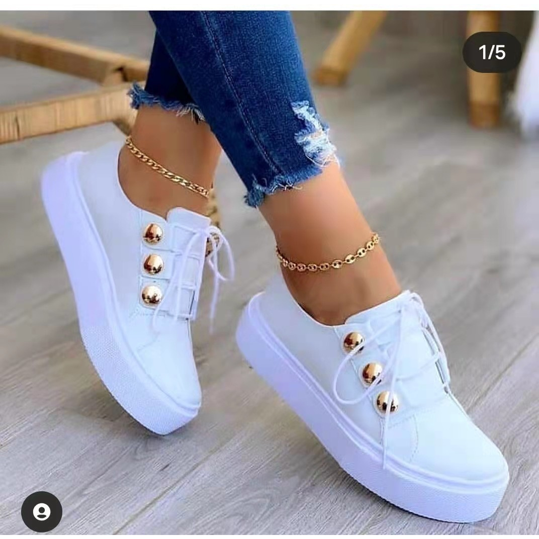 womens white platform sneakers golden rivet decor casual lace up shoes comfortable all match daily footwear women shoes