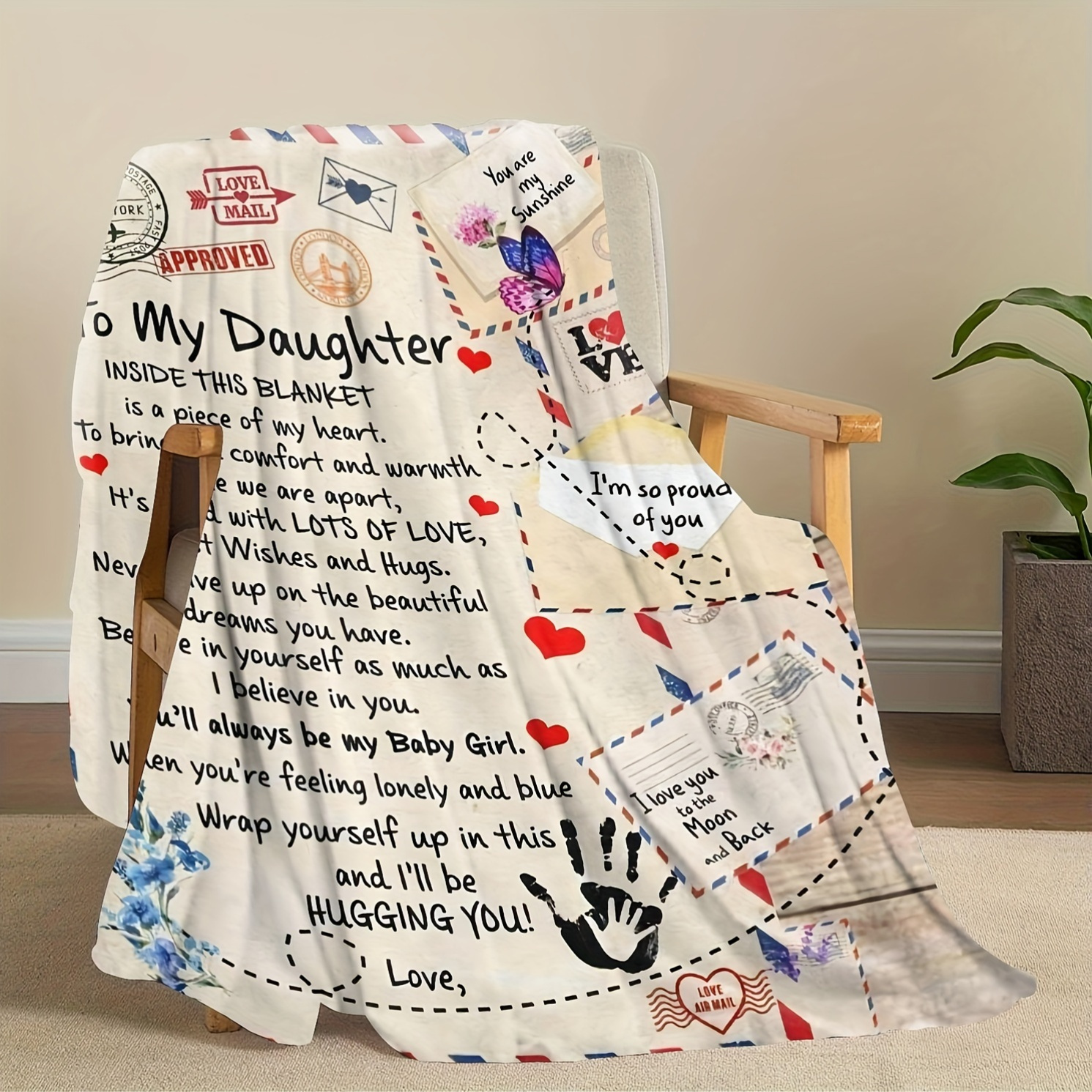 TEMU 1 couverture en flanelle avec message "à " - Couvre-lit doux et léger toutes saisons avec message émouvant, photos de famille et timbre postal -