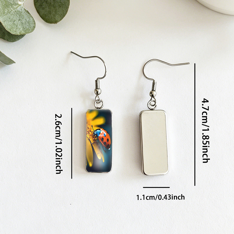 Sunflower Ladybug Dew Rectangular Glass Cabochon Earrings