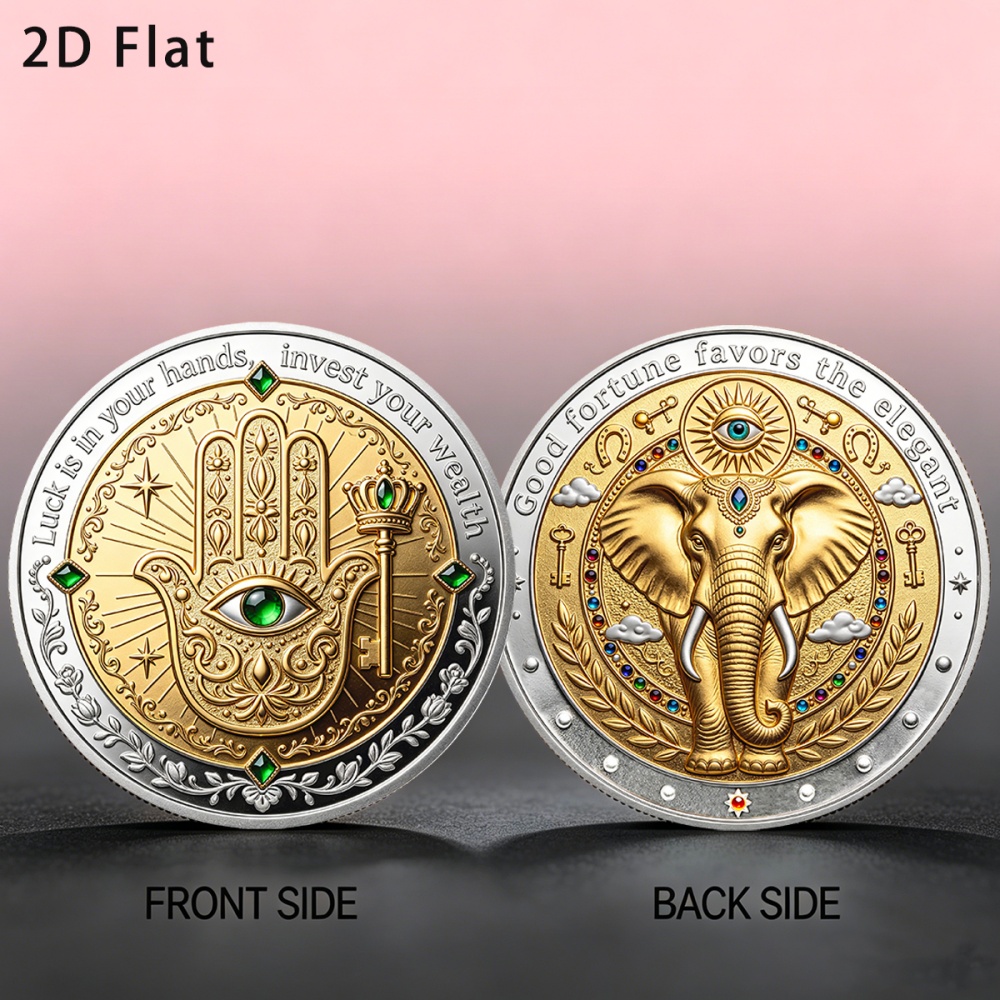 TEMU commemorativa 2D piatta, 1 pz, bifacciale, anteriore con di palma e , posteriore con elefante auspice e occhio della , con custodia , regalo per