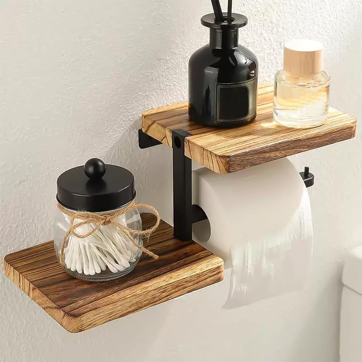 Minimalist Solid Wood Wall Mounted Storage Rack With Paper Roller Holder, Premium Wooden Organizer For Kitchen Bathroom Tissue & Item Storage