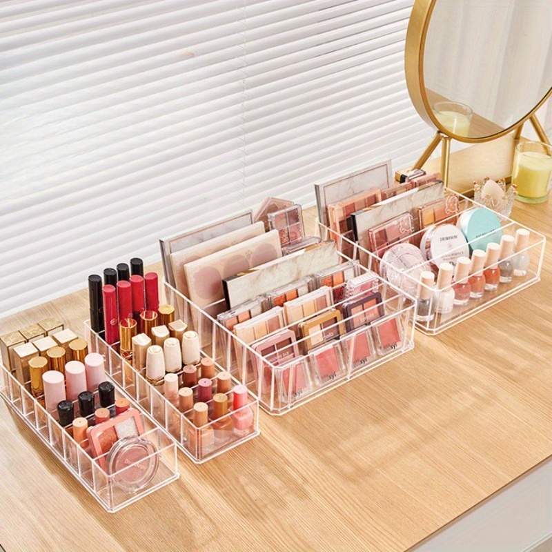 2pcs transparent plastic makeup storage trays multi compartment countertop organizer for lipstick nail polish eyeshadow durable bathroom vanity organizer no power needed   makeup vanity desk multicompartment design