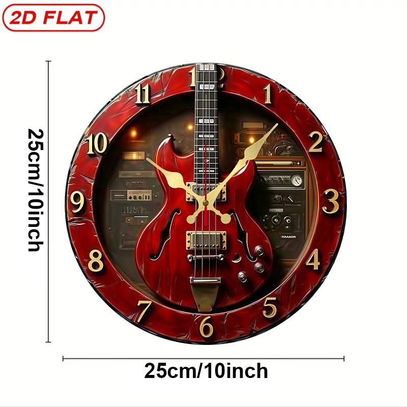 TEMU HORLOGE PLATE 2D, 1pc Guitare Thématique Rouge, Horloge Murale Silencieuse Rondue en Bois Européenne et Américaine avec Mouvement à Quartz