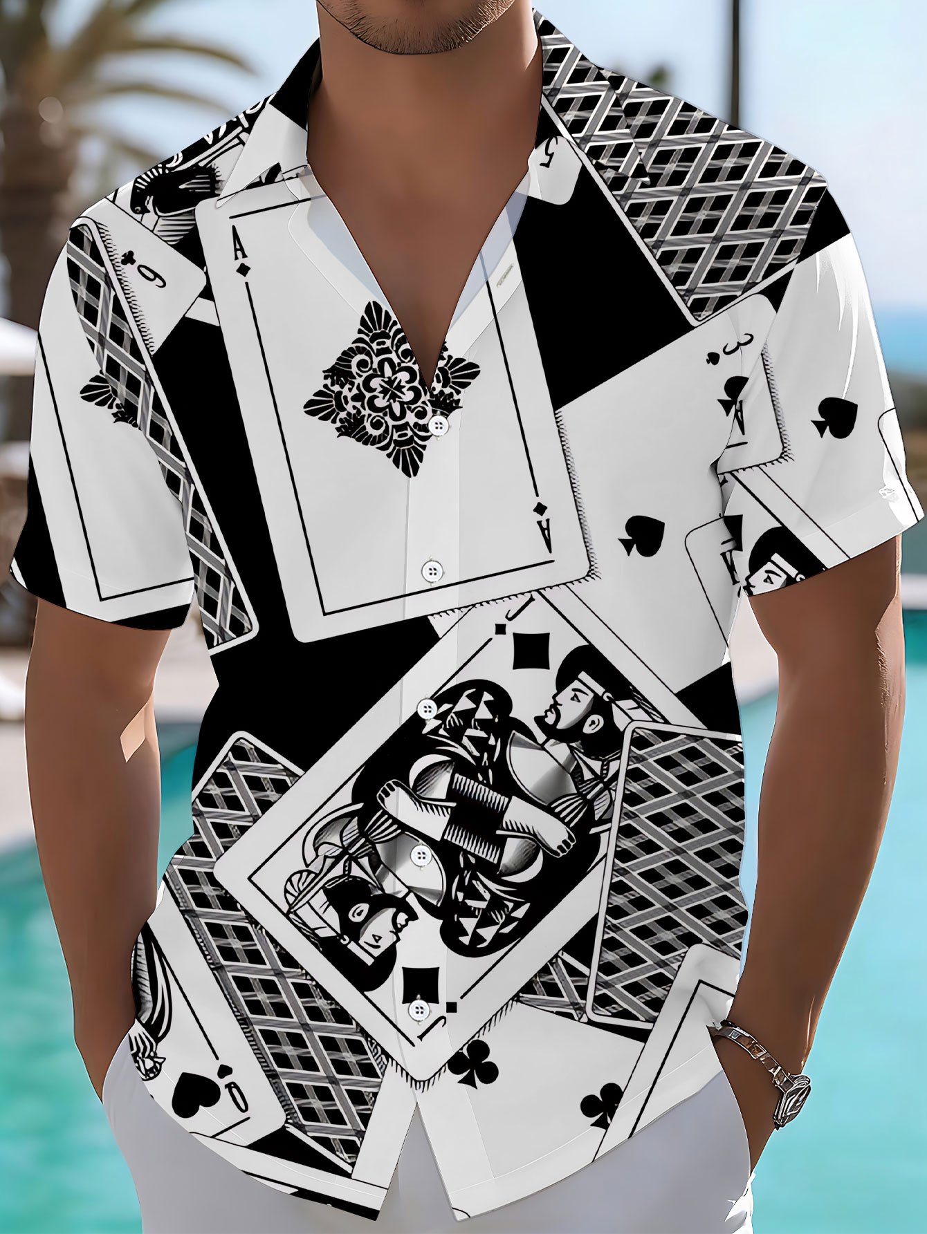 Camisa Casual para Hombre con Estampado Digital Corte Regular Manga Corta Camisa Póker Estilo Blanco y Negro Ilustración Moda y Elegante Dopamina Fiesta Top Ropa de Calle/Verano/Trendy/Estampado/Ropa/Prendas de Vestir/Hombre