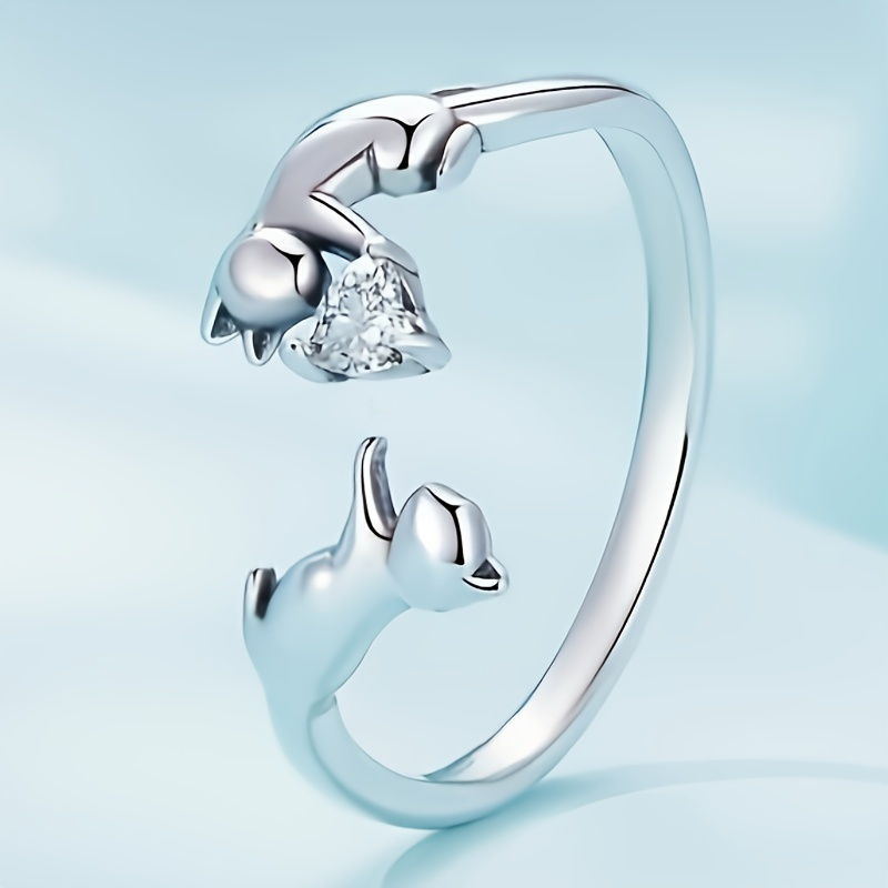 Cute Inlay Heart Cat Open Adjustable Ring for Teens