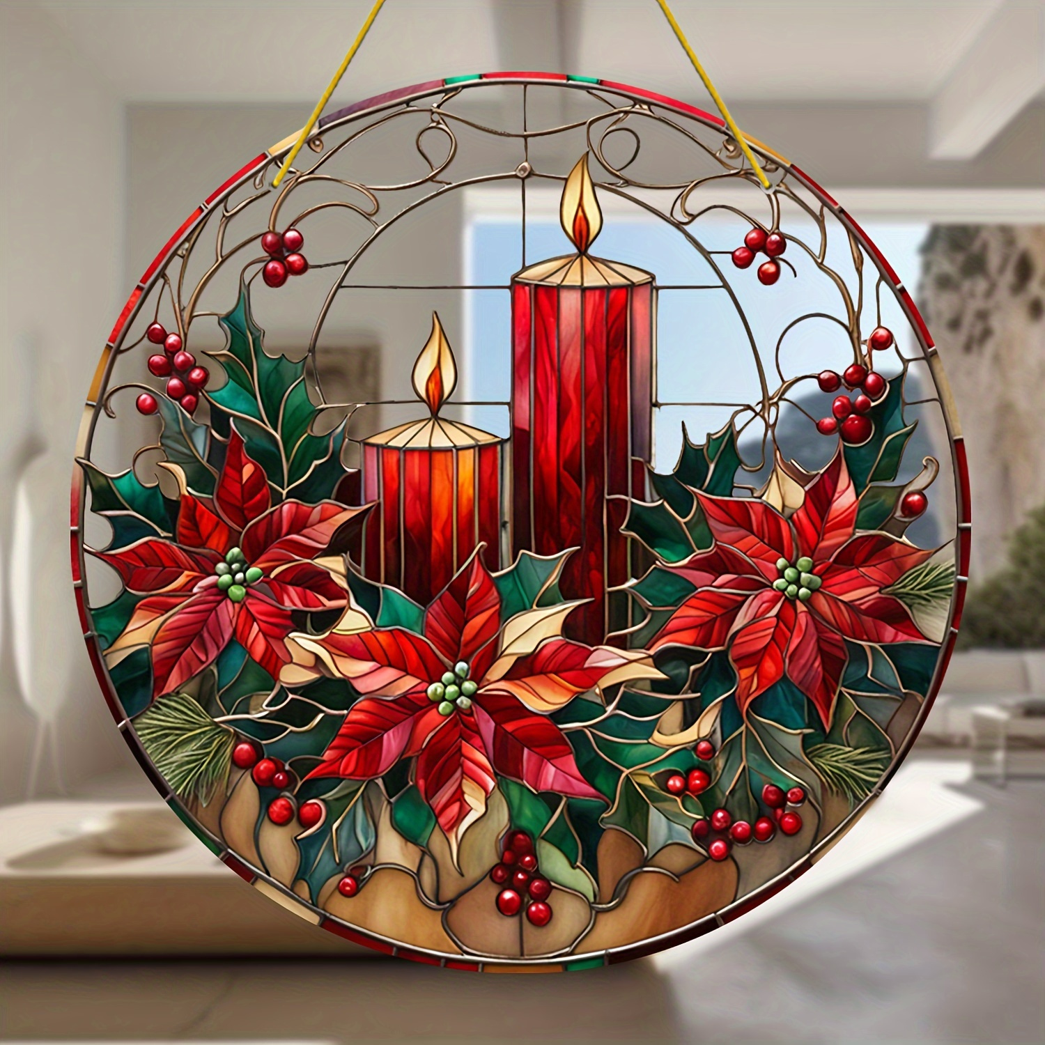 

1pc Christmas Stained Glass Suncatcher - 8"x8" Acrylic Holiday Decoration, Indoor & Outdoor , Poinsettia & Candle Design, Seasonal Decor