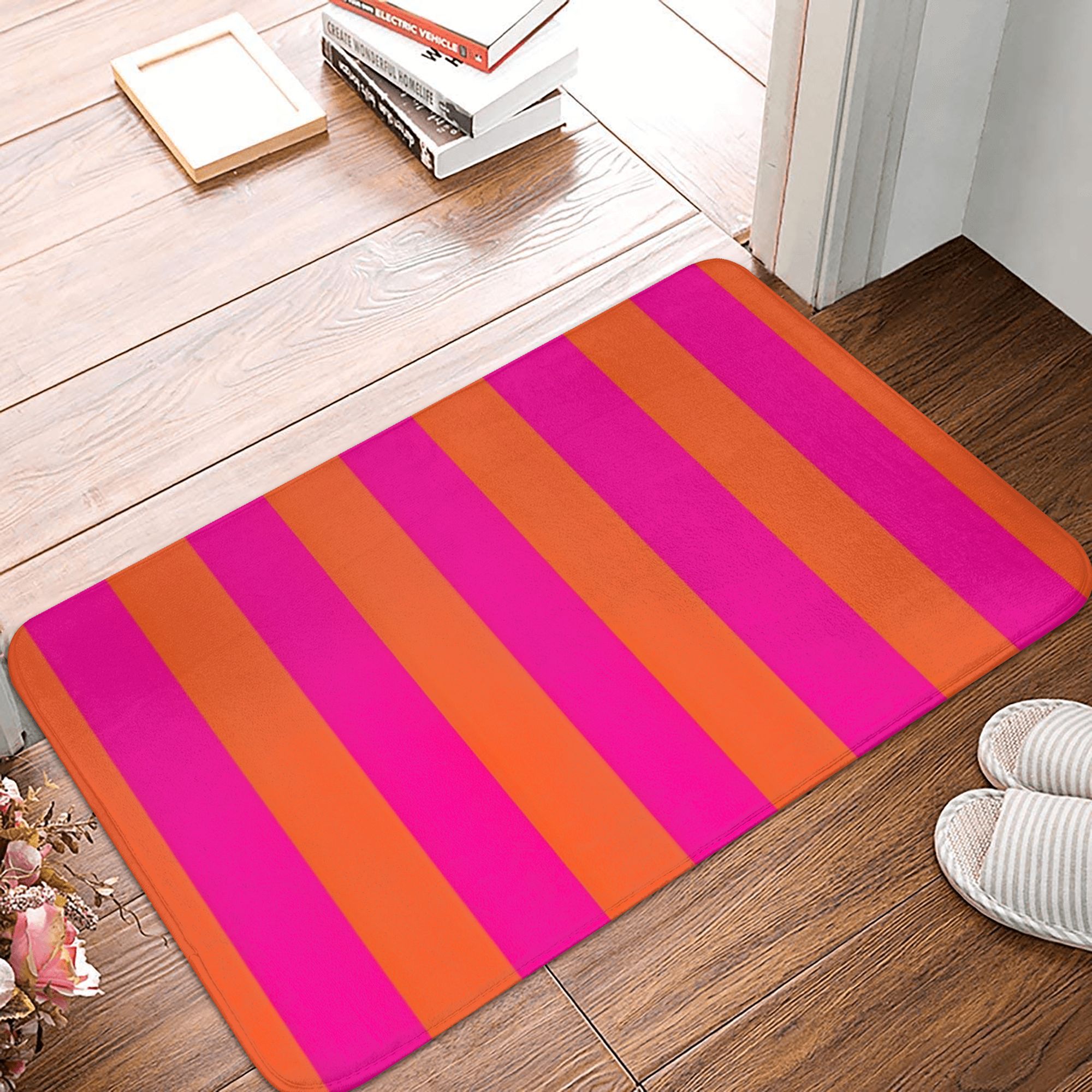 Image of 1pc Hot And Burnt Orange Stripes Christmas Decorations Bedroom Mat Doormat Kitchen Carpet Entrance Door Rug Home Decoration Non-slip