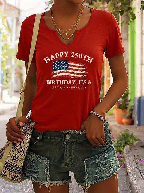 casual womens v neck t shirt featuring a graphic for the 250th birthday of the usa designed with a flag print everyday