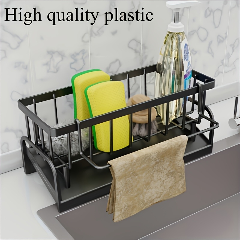 -drill Faucet Shelf, Multifunctional Kitchen Bathroom Storage Rack, Partitioned Storage For Dish Sponges And Brushes, Durable Plastic Easy To Clean, Space- Storage Solution, Utility Racks