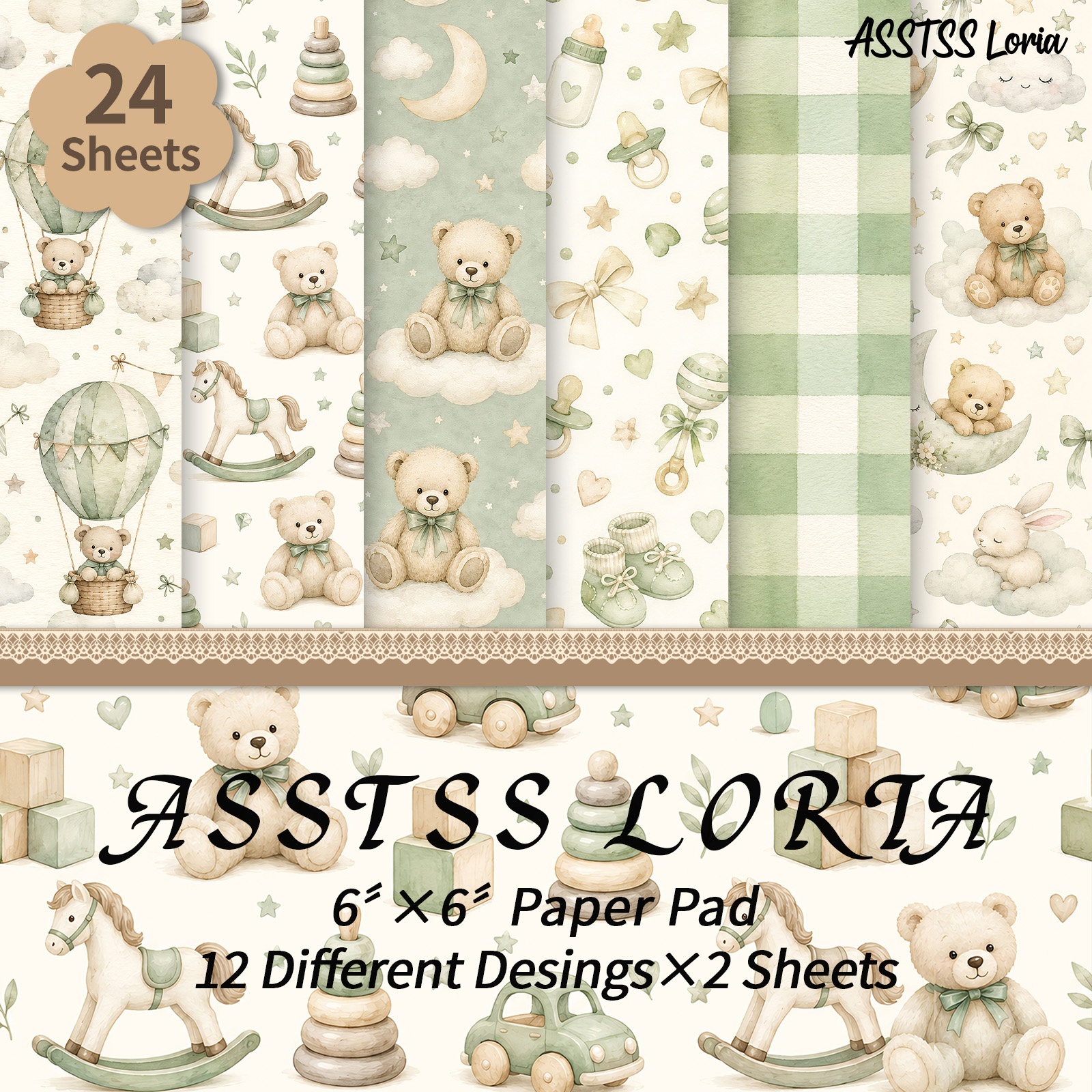 TEMU Bloc de papier scrapbooking ASSTSS Loria de 24 feuilles, 6X6 pouces, papier de base vert bébé pour chambre d'enfant, papier cartonné épais pour