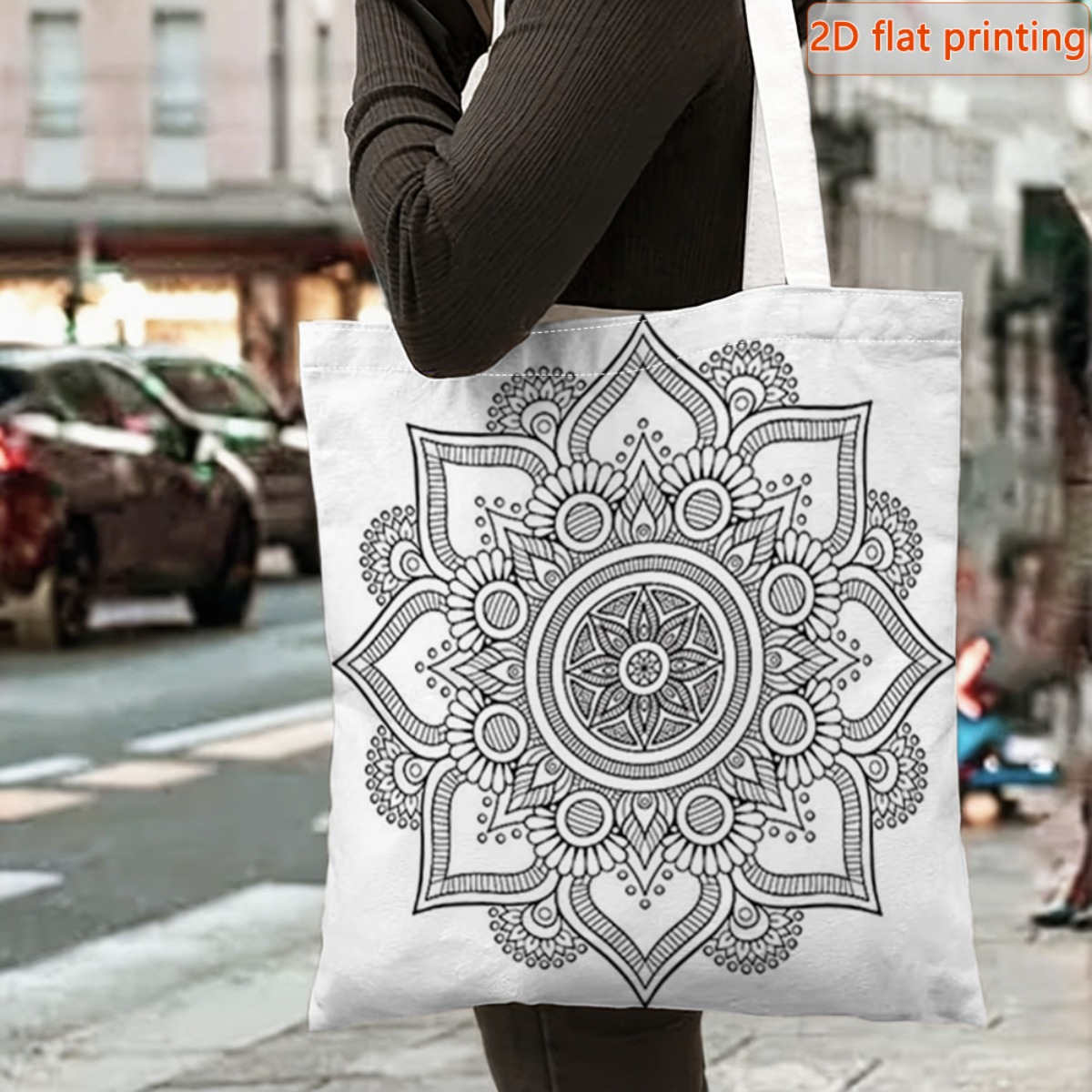 TEMU 1pc 2d Flat Reusable Tote Bag, Mandala Adult Coloring - High-quality Multi-functional Shopping And Beach Bag, Durable And Lightweight Design,
